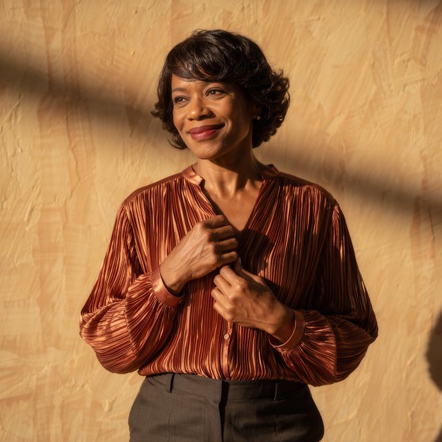 Portrait of an adult Black woman in her 50s wearing a pleated copper satin blouse and tailored charcoal trousers, her hands gently holding the blouse fabric, calm half-smile, warm plaster backdrop, late-afternoon window light grazing her face. — Kling v3 Omni