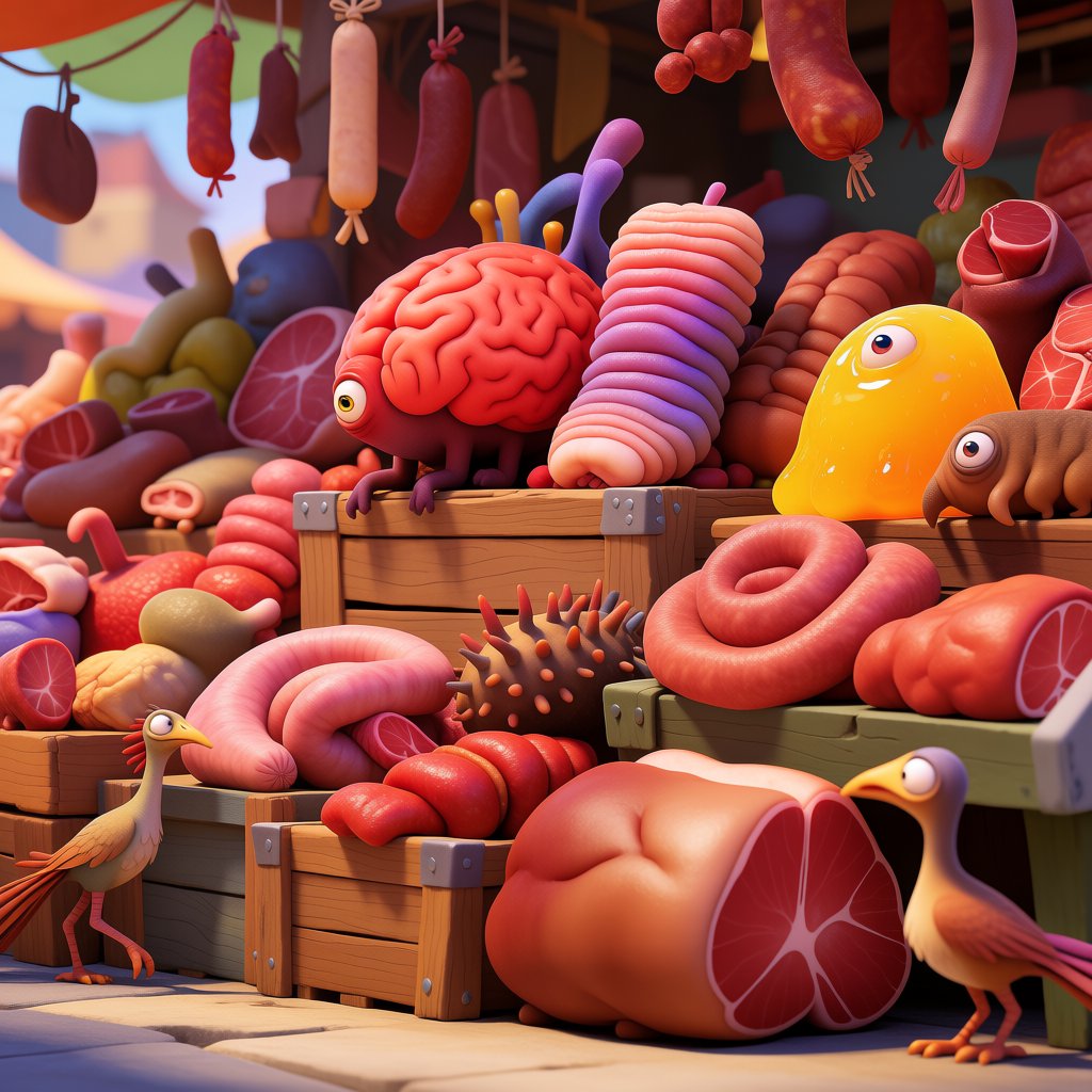 Exotic alien meat market with every possible meat imaginable on sale! — Krea 2 Medium