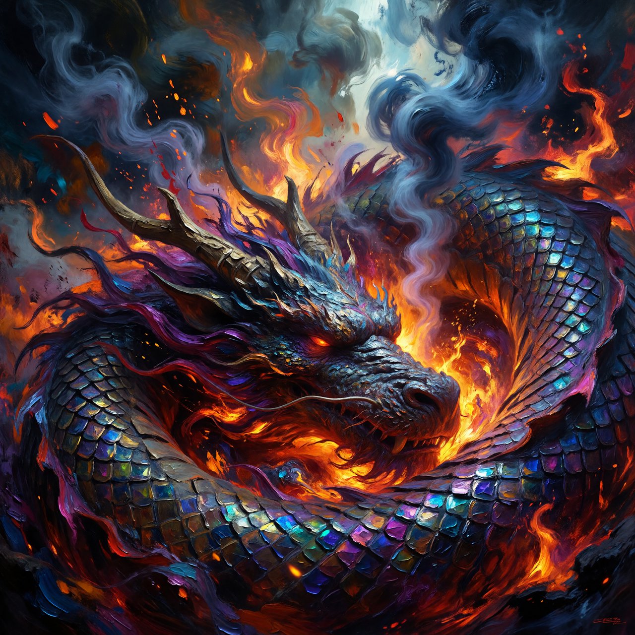 An abstract tapestry woven from the dreams of a sleeping dragon, depicted as a chaotic yet beautiful explosion of iridescent scales, fiery embers, and swirling smoke. The composition is dynamic and energetic, with bold brushstrokes and a rich, textured surface. The style is abstract expressionism, capturing the raw, untamed essence of draconic power. — ImagineArt 1.5 Pro