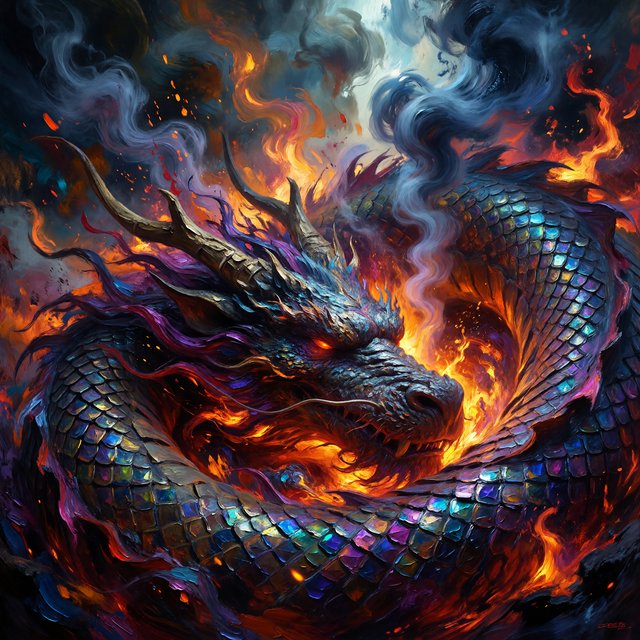 An abstract tapestry woven from the dreams of a sleeping dragon, depicted as a chaotic yet beautiful explosion of iridescent scales, fiery embers, and swirling smoke. The composition is dynamic and energetic, with bold brushstrokes and a rich, textured surface. The style is abstract expressionism, capturing the raw, untamed essence of draconic power. — ImagineArt 1.5 Pro