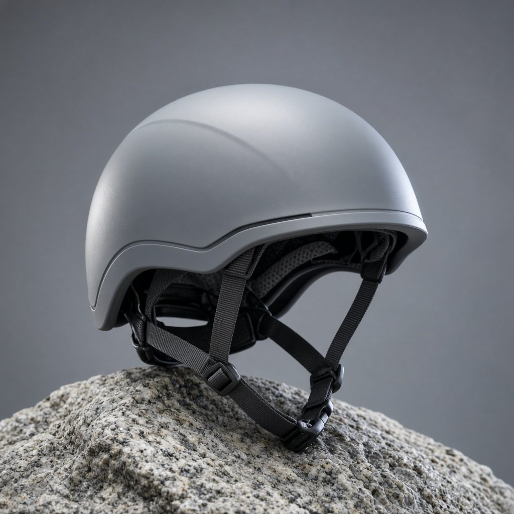 Against a muted slate backdrop, an unbranded climbing helmet with a matte recycled-polymer shell and woven nylon straps rests on rough granite; broad diffused key light and a cool rim light shape this commercial product image, with no lettering. — Grok Imagine Image 2