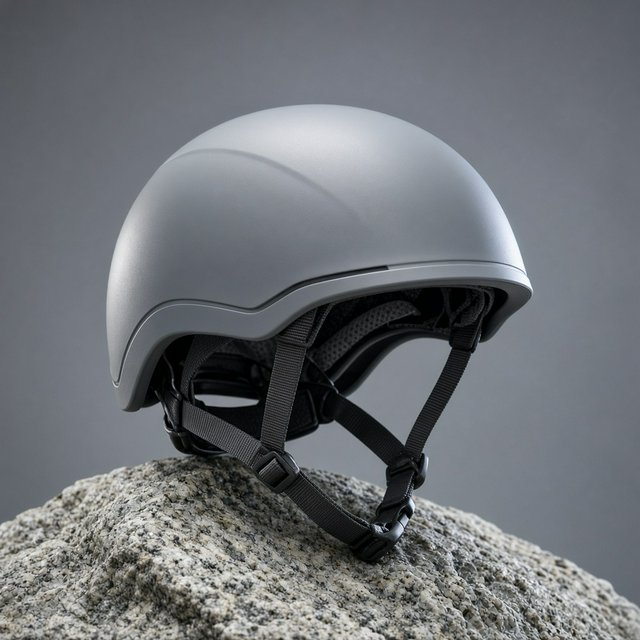 Against a muted slate backdrop, an unbranded climbing helmet with a matte recycled-polymer shell and woven nylon straps rests on rough granite; broad diffused key light and a cool rim light shape this commercial product image, with no lettering. — Grok Imagine Image 2
