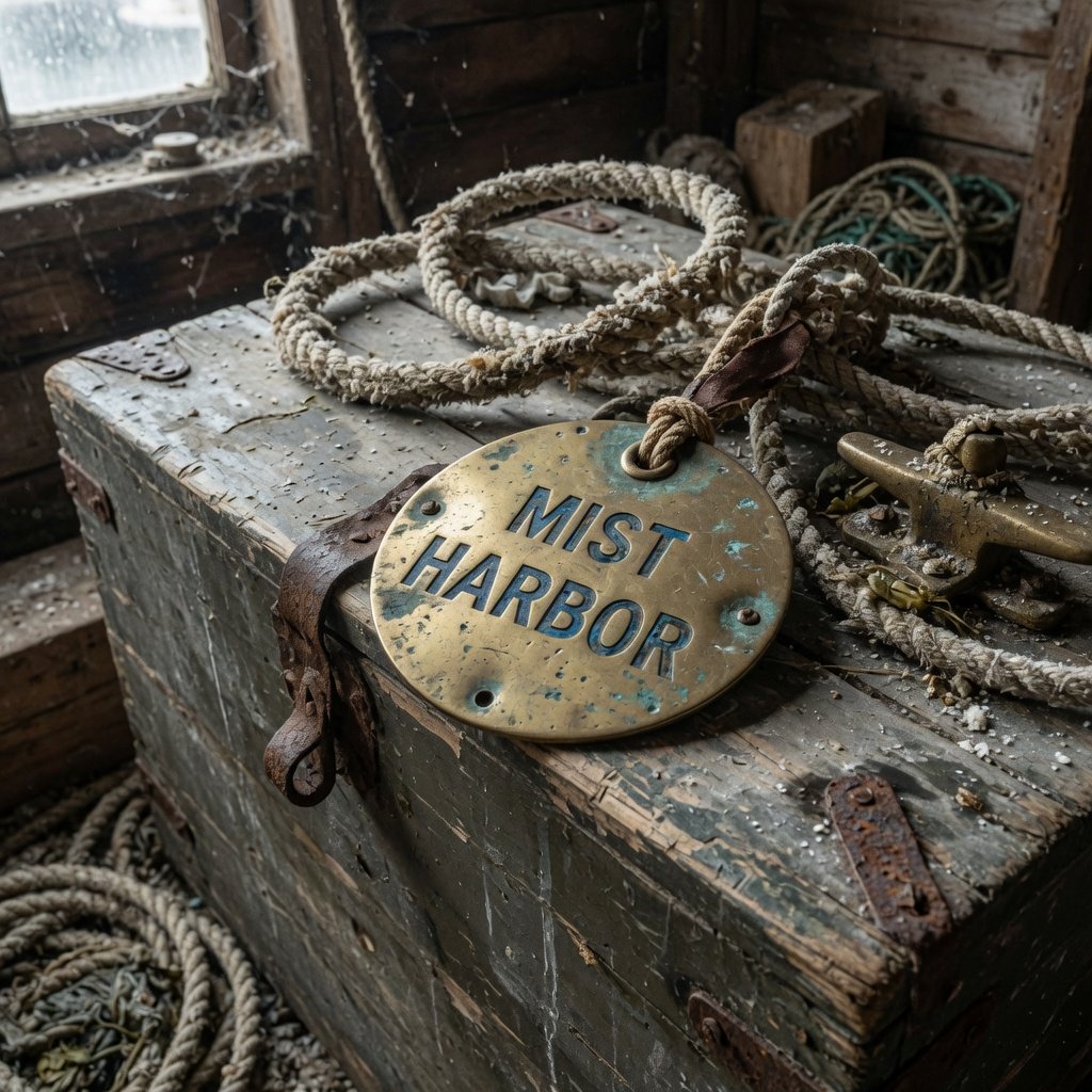 A brass luggage tag hangs from a weathered sea chest in a harbor loft, its face bearing “MIST HARBOR” in deeply stamped blue capitals; ropes and salt-crusted fittings surround it, with no other writing visible. — Grok Imagine Image Quality