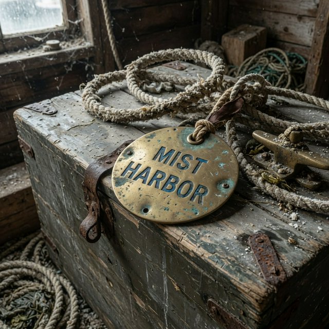 A brass luggage tag hangs from a weathered sea chest in a harbor loft, its face bearing “MIST HARBOR” in deeply stamped blue capitals; ropes and salt-crusted fittings surround it, with no other writing visible. — Grok Imagine Image Quality
