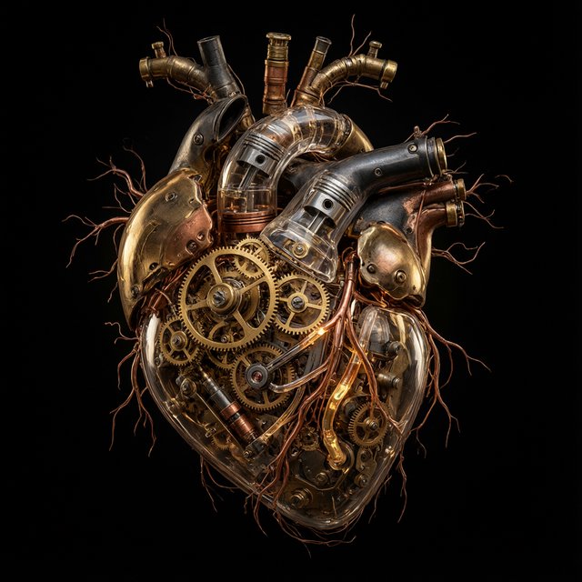 A beautifully intricate mechanical heart floating alone in deep darkness, designed like an exquisite piece of horological sculpture. Its polished brass, copper, and dark steel chambers are partially open, revealing layers of tiny interlocking gears, delicate springs, pistons, and precision mechanisms within. Sections of crystal-clear glass expose deeper workings, while slender tubes carry a faintly glowing fluid through the heart like an artificial bloodstream. Tiny gears turn and pistons move, suggesting that the heart is genuinely functioning. Fine mechanical filaments curl outward like veins and arteries, catching subtle highlights from the warm inner glow. Elegant steampunk aesthetic, dramatic cinematic lighting, rich metallic textures, intricate reflections, mysterious atmosphere. — Qwen Image 3.0 Pro