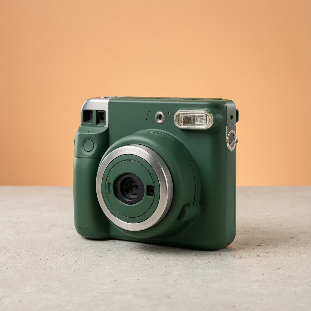Commercial product photograph of an unbranded compact instant camera in matte forest-green polymer with brushed steel details, resting on a pale concrete surface against a warm peach background, illuminated by broad diffused studio light and a soft rim light. — Qwen Image 3.0 Pro