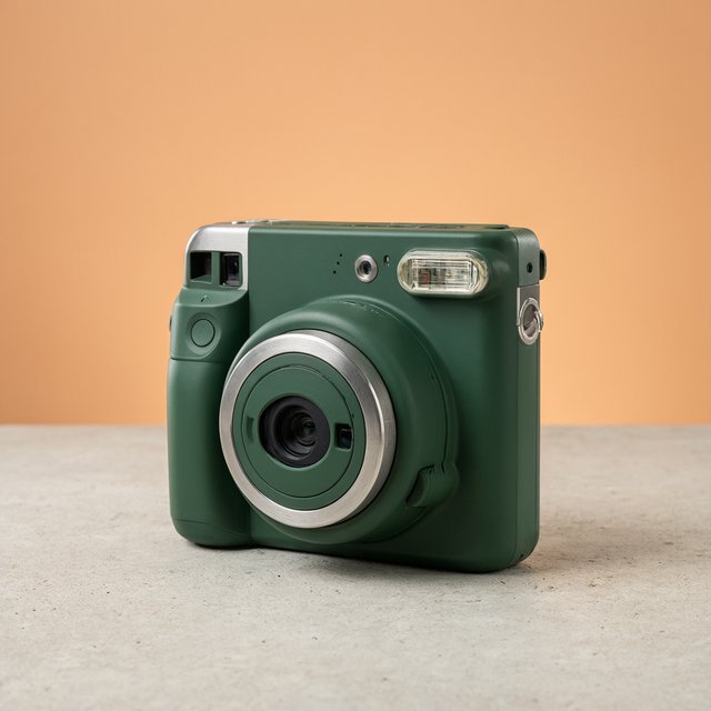 Commercial product photograph of an unbranded compact instant camera in matte forest-green polymer with brushed steel details, resting on a pale concrete surface against a warm peach background, illuminated by broad diffused studio light and a soft rim light. — Qwen Image 3.0 Pro