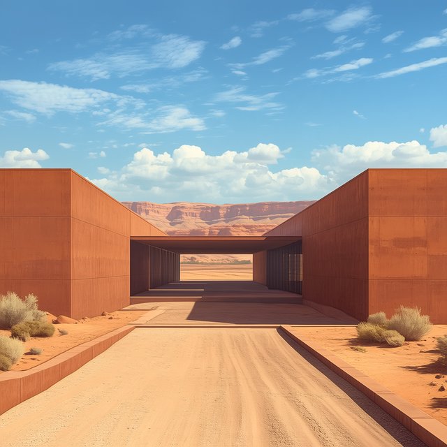A contemporary desert visitor pavilion built from rust-colored rammed earth and pale limestone sits beside a dry wadi; deep shaded openings frame the courtyard. Hard midday sun, viewed from the gravel approach, crisp geometry and believable construction. — Midjourney Niji 7