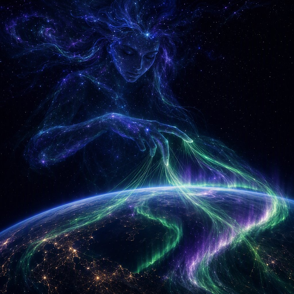 A cinematic wide-angle shot of an ethereal, gigantic adult female entity composed of stardust and nebulae. She hovers in the deep black of space, directly above the curvature of the Earth. Her fingers move like a harpist's, weaving luminous, emerald-green and violet aurora threads directly into the Earth's atmosphere. The polar lights appear like liquid silk, wrapping themselves around the planet. Realistic play of light, mystical atmosphere, bioluminescent colors, deep indigo and neon green. — GPT Image 2