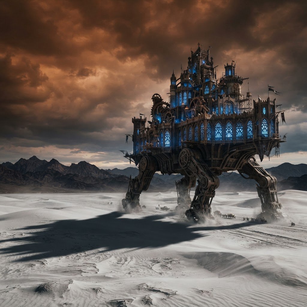 A colossal walking citadel crosses a salt desert, its ironwood legs striding through windblown dunes beneath a copper storm. Blue furnace light leaks from carved windows, casting a long shadow toward distant mountains. — Nano Banana 2 Lite