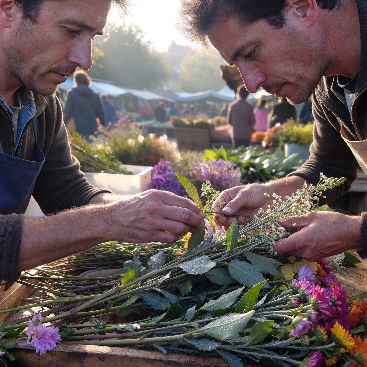 Candid documentary photograph of an adult florist arranging loose stems at an outdoor market stall, soft early-morning side light, 50mm lens with shallow depth of field, tiny water droplets beading on the cut leaves. — ImagineArt 1.5 Pro