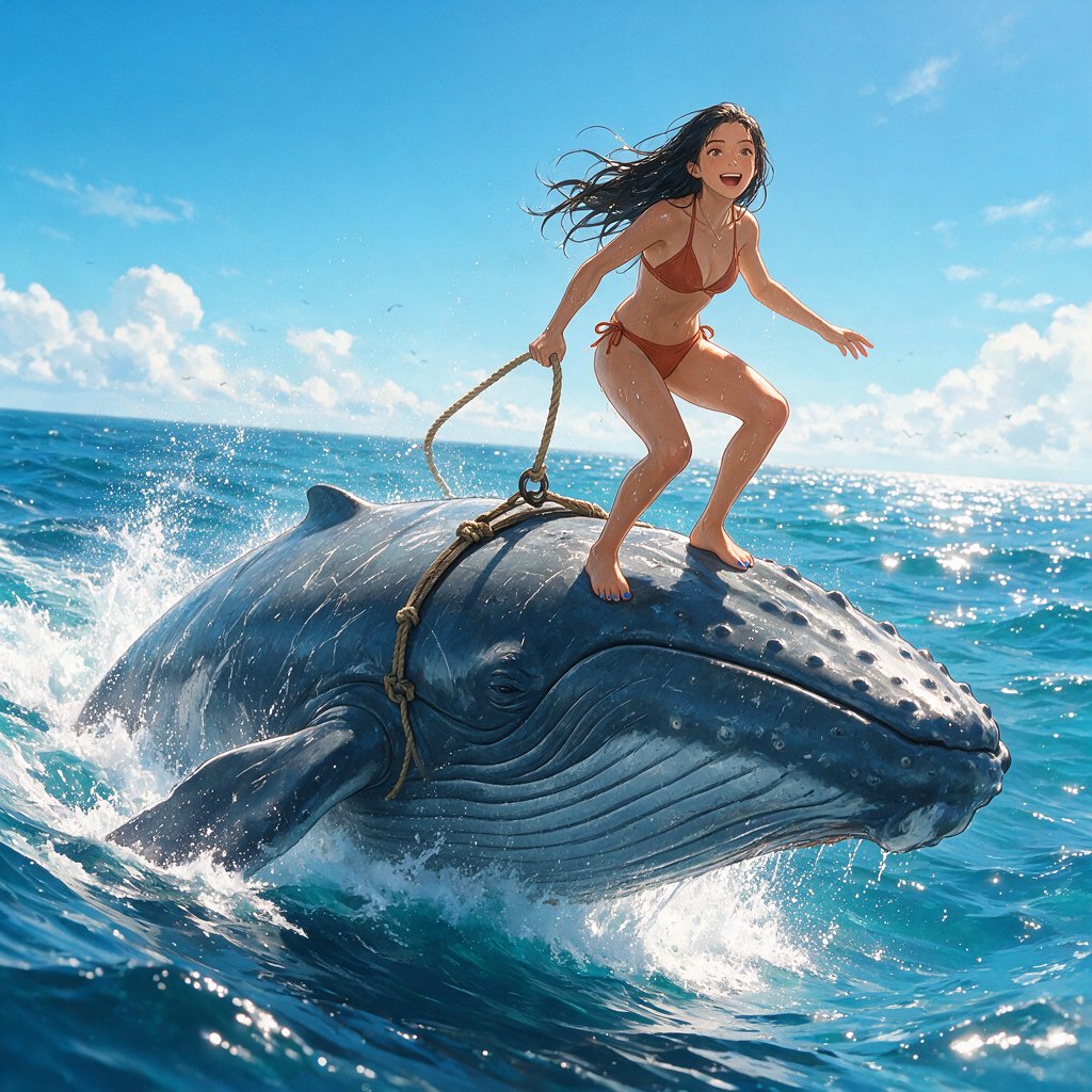 Anime-style illustration of an adult young woman confidently balancing on the broad back of a massive humpback whale as it swims across the open ocean. She wears a stylish two-piece bikini appropriate for a sunny tropical setting, with wet hair and subtle water droplets catching the light. One hand grips a sturdy tether secured near the whale's dorsal area, using it to maintain her balance as the whale moves through the waves, while her other arm extends naturally for stability. The whale is enormous and majestic, its dark blue-gray skin covered in realistic texture, scars, and subtle highlights. Its powerful body breaks partially above the rolling ocean surface, creating a sweeping trail of white foam and spray behind it. The woman looks exhilarated and joyful, her expression conveying adventure and freedom rather than fear. Vast open sea stretches toward the horizon beneath a brilliant blue sky with scattered white clouds. Sunlight sparkles across the water — Seedream 5.0 Pro