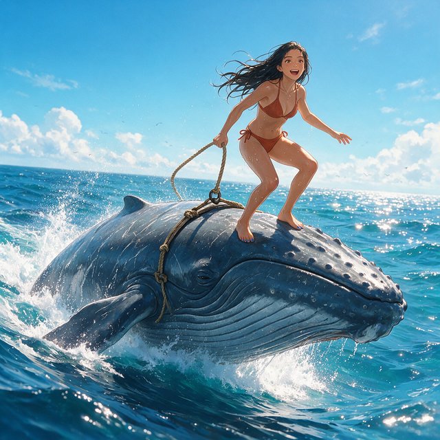 Anime-style illustration of an adult young woman confidently balancing on the broad back of a massive humpback whale as it swims across the open ocean. She wears a stylish two-piece bikini appropriate for a sunny tropical setting, with wet hair and subtle water droplets catching the light. One hand grips a sturdy tether secured near the whale's dorsal area, using it to maintain her balance as the whale moves through the waves, while her other arm extends naturally for stability. The whale is enormous and majestic, its dark blue-gray skin covered in realistic texture, scars, and subtle highlights. Its powerful body breaks partially above the rolling ocean surface, creating a sweeping trail of white foam and spray behind it. The woman looks exhilarated and joyful, her expression conveying adventure and freedom rather than fear. Vast open sea stretches toward the horizon beneath a brilliant blue sky with scattered white clouds. Sunlight sparkles across the water — Seedream 5.0 Pro