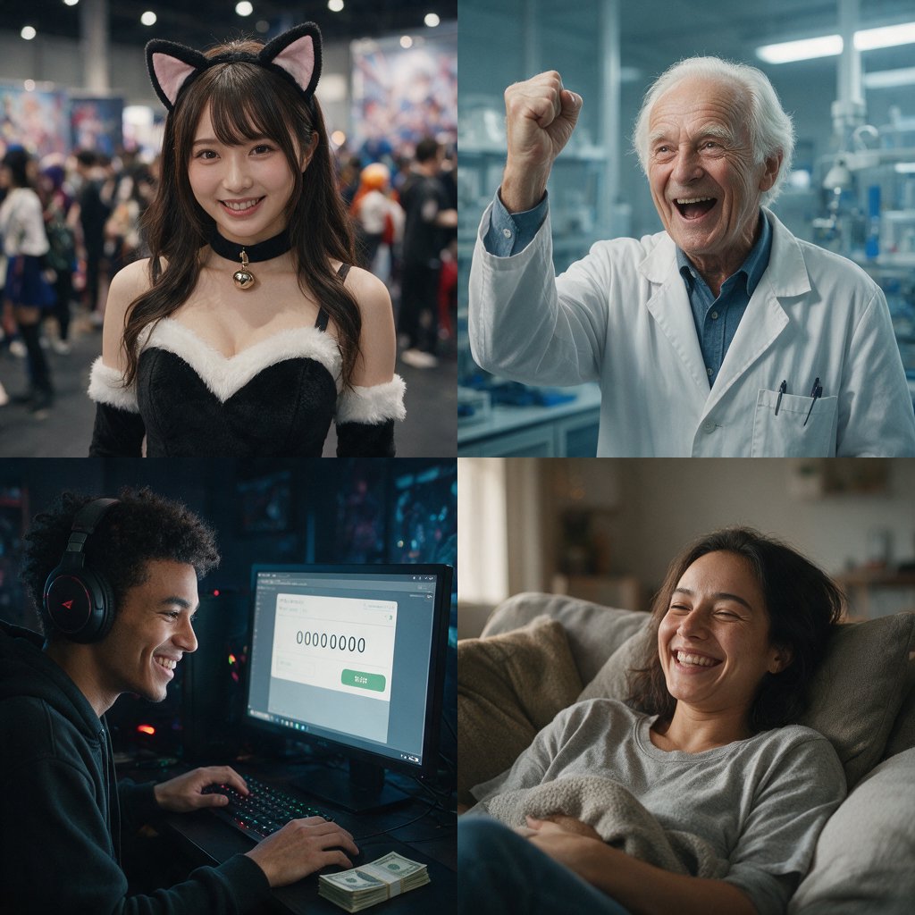 Realistic. Four scenes in one. 1) A pretty Japanese woman, about 19–23 years old, in cat-type cosplay at an anime convention. 2) An old German man or woman, about 60–65 years old, finally having a breakthrough that would change the world. 3) A happy, mixed-race, 21-year-old female or male hacker checking their bank account, which has many zeros, with a bundle of cash near their PC. 4) A happy moment that would make you smile. — Seedream 5.0 Pro