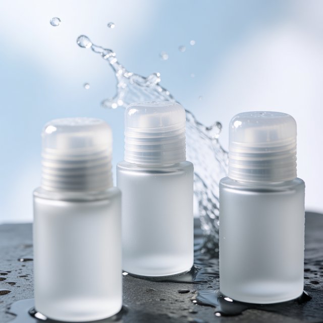 Three frosted glass skincare bottles on a wet stone surface with a splash of water, morning light, shallow depth of field. — Krea 2 Medium