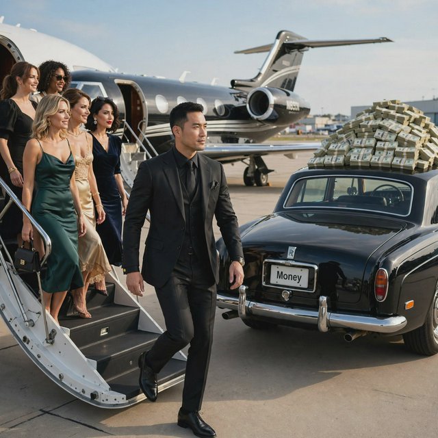 A man dressed in very nice formal clothes is getting off a private black-and-white plane. Many beautiful adult women in dresses are following the man. The man is heading toward a very high-end classic black car. The word "Money" is on the car's license plate. On top of the car is a ton of money. It is the afternoon. The vibe is cool and rich. — Muse Image 1.0