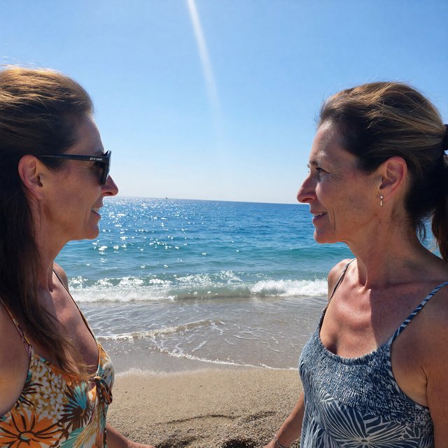 Authentic amateur photo of a beautiful adult woman standing at an Italian beach during vacation time. She wears appropriate clothing. It is noon. — ImagineArt 1.5 Pro