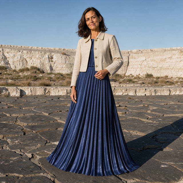 Across a basalt terrace, an adult woman in her early forties poses in a full-length fashion photograph, wearing a pleated indigo silk dress and cropped linen jacket, her composed half-smile lit by hard afternoon sunlight from one side against a pale limestone ridge. — FLUX 3 Image Klein