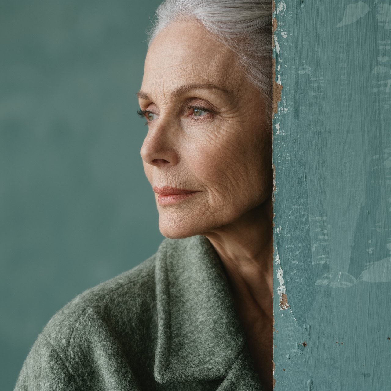 Beside a faded teal studio wall, a close-up fashion portrait frames an adult woman aged 68–76, her weathered skin softly detailed; she wears a moss-green wool coat and holds a calm, searching gaze in gentle side light. — Kling v3 Omni
