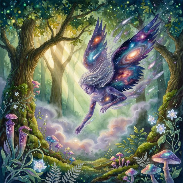 A lone angel with feathered wings, composed of swirling cosmic dust and nebulae, descends into a quiet, enchanted forest. Sunlight filters through the ancient canopy, illuminating wisps of mist and the vibrant, otherworldly plants below. The style is a fusion of hyper-detailed fantasy illustration and soft watercolor techniques, with the polished finish of concept art. — Grok Imagine Image Quality