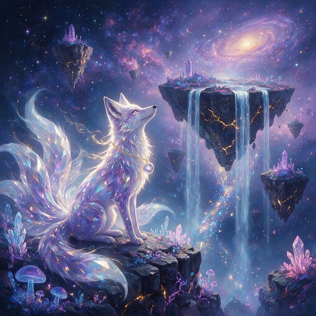 An ethereal fox with crystalline fur navigates a landscape of floating islands. Waterfalls cascade into the starry abyss below, and strange, alien flora sprouts from glowing rocks. This is a magical realism painting, infused with the wonder of distant galaxies. — Seedream 5.0 Pro