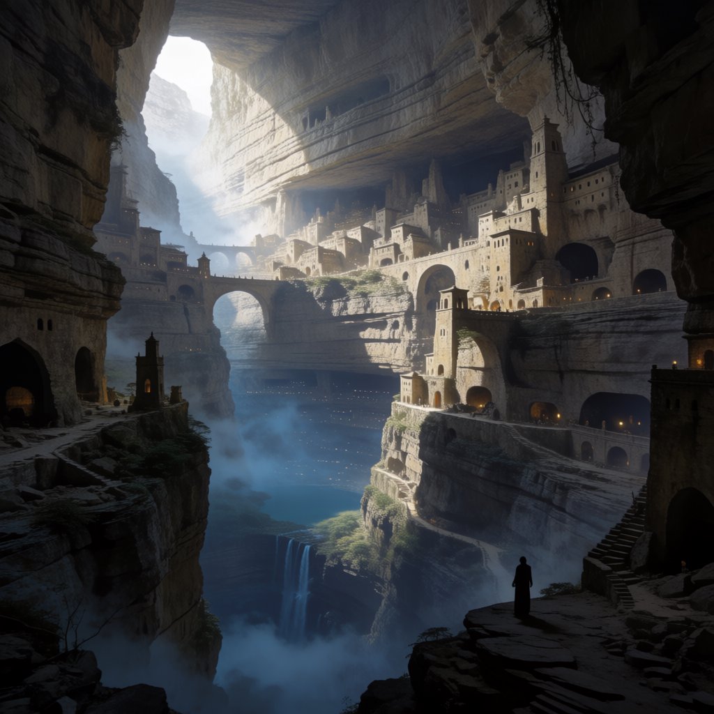 An ancient city carved inside a hollow mountain glows with windowlight, its terraced bridges spanning a blue-lit cavern while mineral mist rises around distant waterfalls and a narrow beam of sunrise reaches the deepest plaza. — Krea 2 Medium