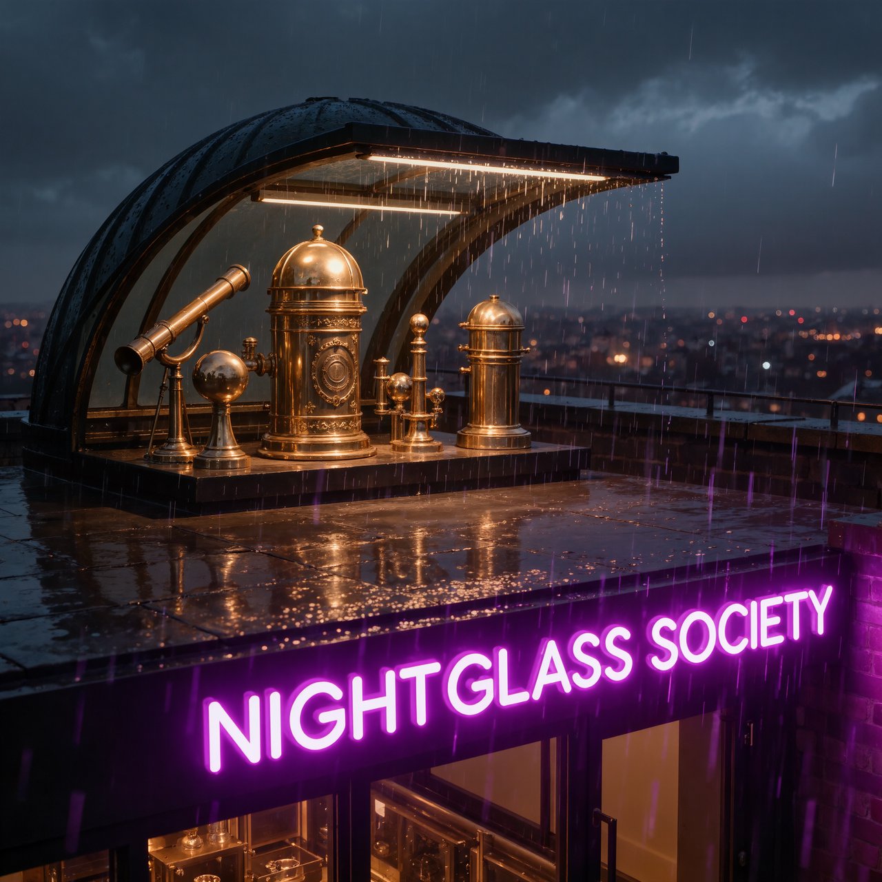 On a rain-darkened rooftop observatory, brass instruments gleam beneath a sliding dome while clouds part above the city; "NIGHTGLASS SOCIETY" glows in violet neon along the entrance canopy. — Kling v3 Omni