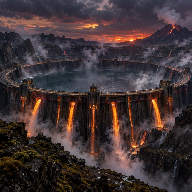 A colossal ring-shaped dam bridges a volcanic caldera, its black stone spillways veined with molten light. Rain veils the terraces as steam rises into a bruised dusk sky. — GPT Image 2.5 Flare