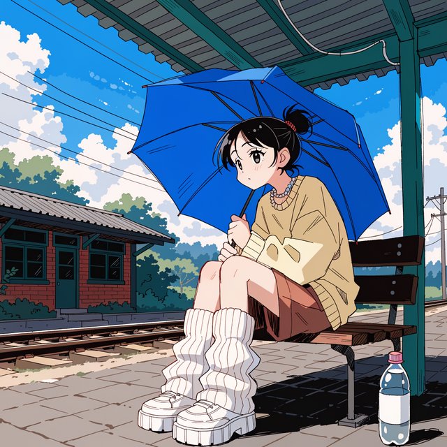 Anime-style illustration of a girl with a blue umbrella waiting at a rural train station in summer, cicadas implied by heat haze, cel shading. — Recraft v4