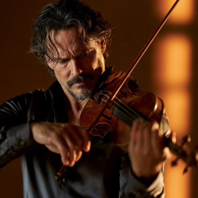 With a violin tucked close, an adult man in his early 50s draws a bow, his hands prominent, wearing a charcoal silk shirt; his intent expression is framed against a warm umber backdrop in soft amber window light, in a close portrait photograph. — Midjourney V8.2