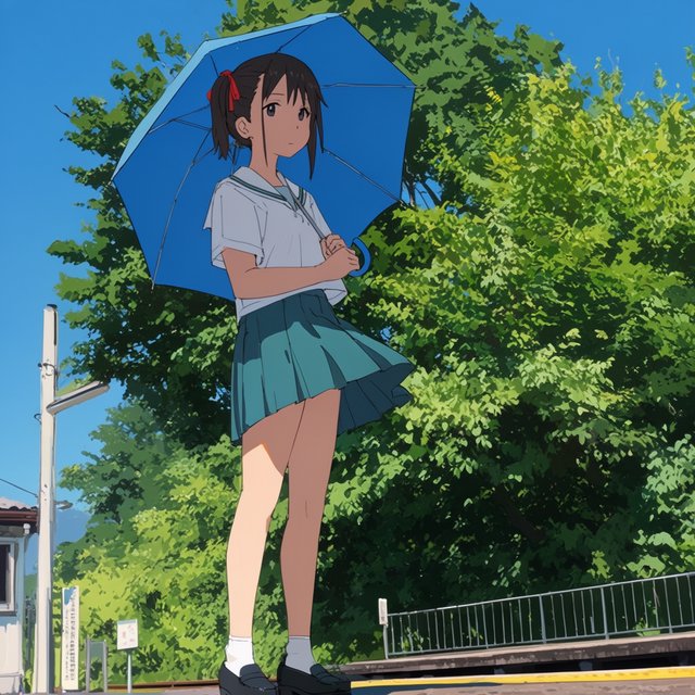Anime-style illustration of a girl with a blue umbrella waiting at a rural train station in summer, cicadas implied by heat haze, cel shading. — Krea 2 Large