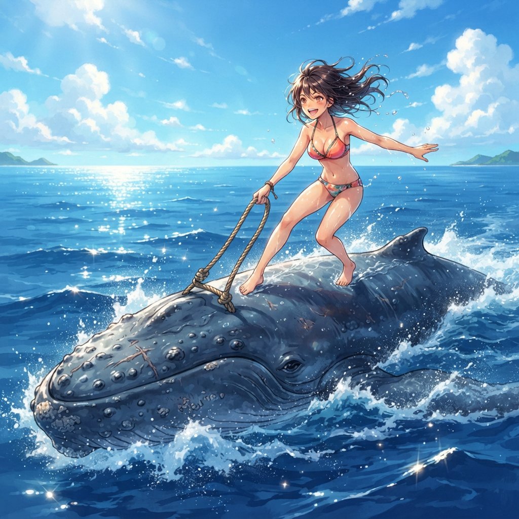 Anime-style illustration of an adult young woman confidently balancing on the broad back of a massive humpback whale as it swims across the open ocean. She wears a stylish two-piece bikini appropriate for a sunny tropical setting, with wet hair and subtle water droplets catching the light. One hand grips a sturdy tether secured near the whale's dorsal area, using it to maintain her balance as the whale moves through the waves, while her other arm extends naturally for stability. The whale is enormous and majestic, its dark blue-gray skin covered in realistic texture, scars, and subtle highlights. Its powerful body breaks partially above the rolling ocean surface, creating a sweeping trail of white foam and spray behind it. The woman looks exhilarated and joyful, her expression conveying adventure and freedom rather than fear. Vast open sea stretches toward the horizon beneath a brilliant blue sky with scattered white clouds. Sunlight sparkles across the water — Nano Banana 2 Lite