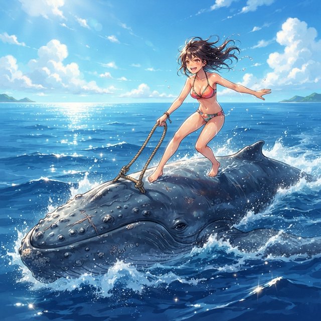 Anime-style illustration of an adult young woman confidently balancing on the broad back of a massive humpback whale as it swims across the open ocean. She wears a stylish two-piece bikini appropriate for a sunny tropical setting, with wet hair and subtle water droplets catching the light. One hand grips a sturdy tether secured near the whale's dorsal area, using it to maintain her balance as the whale moves through the waves, while her other arm extends naturally for stability. The whale is enormous and majestic, its dark blue-gray skin covered in realistic texture, scars, and subtle highlights. Its powerful body breaks partially above the rolling ocean surface, creating a sweeping trail of white foam and spray behind it. The woman looks exhilarated and joyful, her expression conveying adventure and freedom rather than fear. Vast open sea stretches toward the horizon beneath a brilliant blue sky with scattered white clouds. Sunlight sparkles across the water — Nano Banana 2 Lite