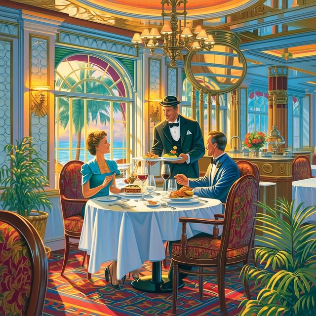 A very posh, well-lit 1990s restaurant with beautiful, tasteful decor. A husband and wife dine in a high-class restaurant. The waiter serves something very surprising as the main course! — Midjourney Niji 7