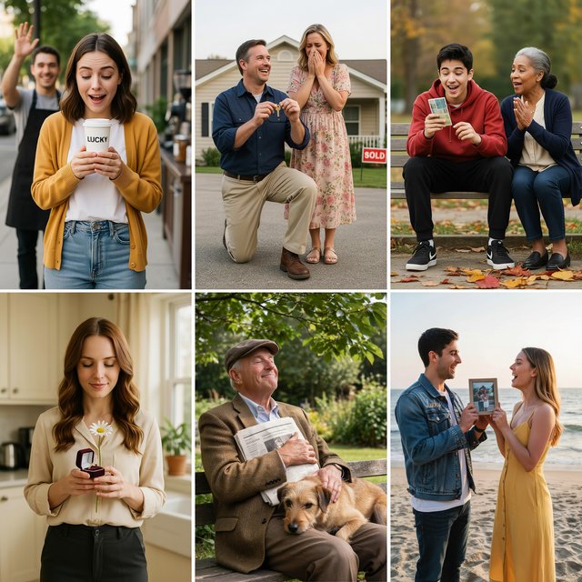 4–6 realistic scenes of people having the luckiest day of their lives. The word “Lucky” should appear at least twice in the image, and seem totally in place and seamless. The whole vibe is pretty much lucky moments that were unexpected but very welcome. — Ideogram v4