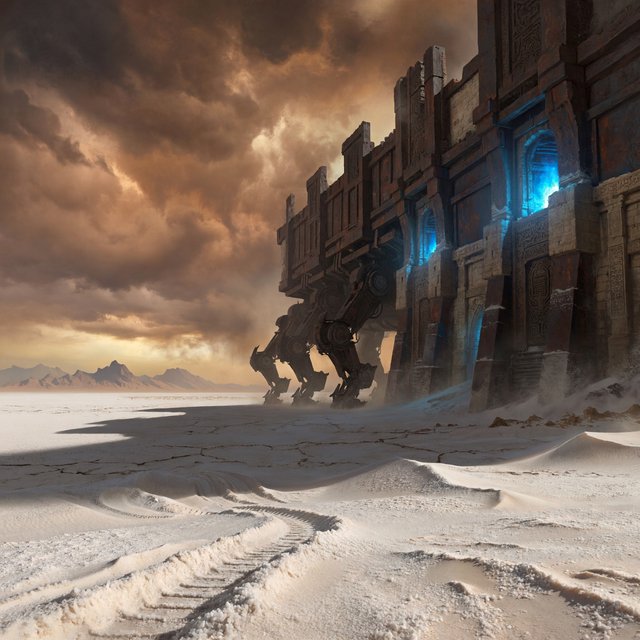 A colossal walking citadel crosses a salt desert, its ironwood legs striding through windblown dunes beneath a copper storm. Blue furnace light leaks from carved windows, casting a long shadow toward distant mountains. — ImagineArt 2