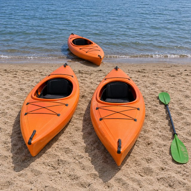 Exactly three orange kayaks rest on a sandy shore: two side by side in the foreground and one behind them near the water. A green paddle lies to the right of the kayaks, nothing else. — GPT Image 2.5 Flare