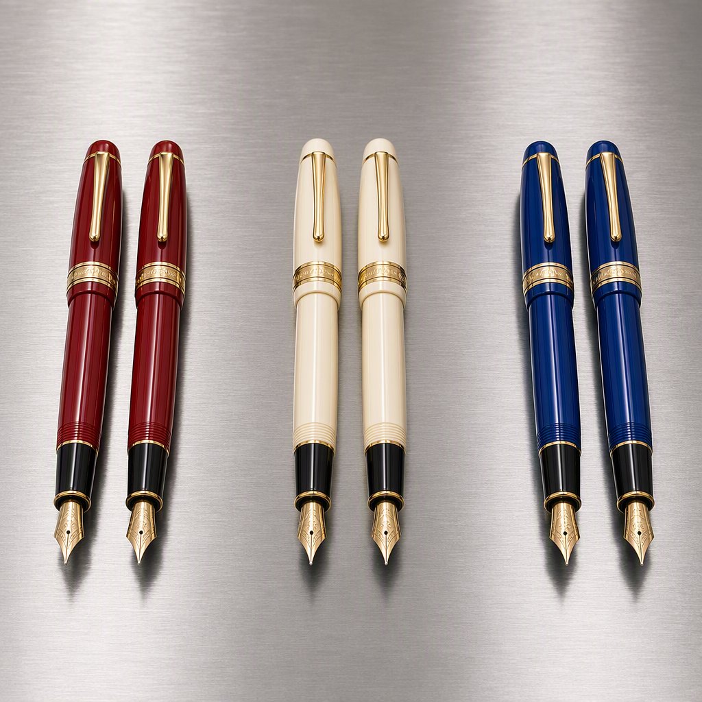Across a brushed steel counter, exactly six fountain pens rest in three groups: two crimson pens on the left, two ivory pens in the center, and two cobalt pens on the right; nothing else. — GPT Image 2