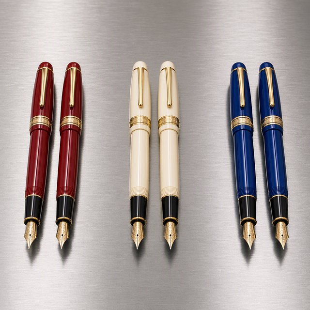Across a brushed steel counter, exactly six fountain pens rest in three groups: two crimson pens on the left, two ivory pens in the center, and two cobalt pens on the right; nothing else. — GPT Image 2