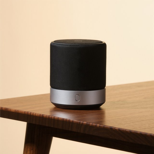 Commercial product photograph of an unbranded wireless speaker made from textured black fabric and satin aluminum, placed on a walnut tabletop against a warm cream background, illuminated by a large softbox and subtle backlight. — Kling v3 Omni