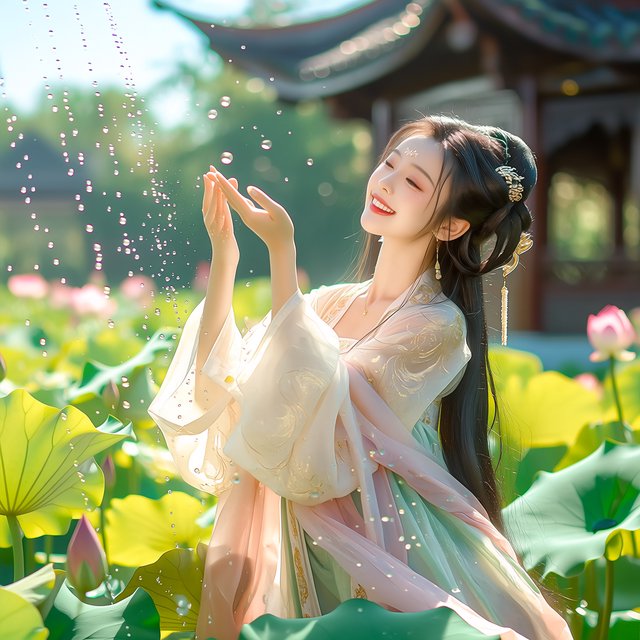 Cinematic shot, a breathtakingly stunning adult Chinese woman from ancient times playing joyfully by a crystal-clear lotus pond, mid-summer afternoon. She is wearing an exquisite, flowing silk Hanfu dress in pastel pink and white with intricate gold embroidery. Her face is porcelain-smooth, with delicate makeup, long black hair elegantly styled with jade hairpins, and a radiant, charming smile. Water droplets frozen in mid-air, sunlight filtering through lush green lotus leaves, creating dappled light on her skin. Shallow depth of field, bokeh background of traditional Chinese architecture, hyper-realistic, soft natural lighting, serene yet playful atmosphere. — Midjourney Niji 7