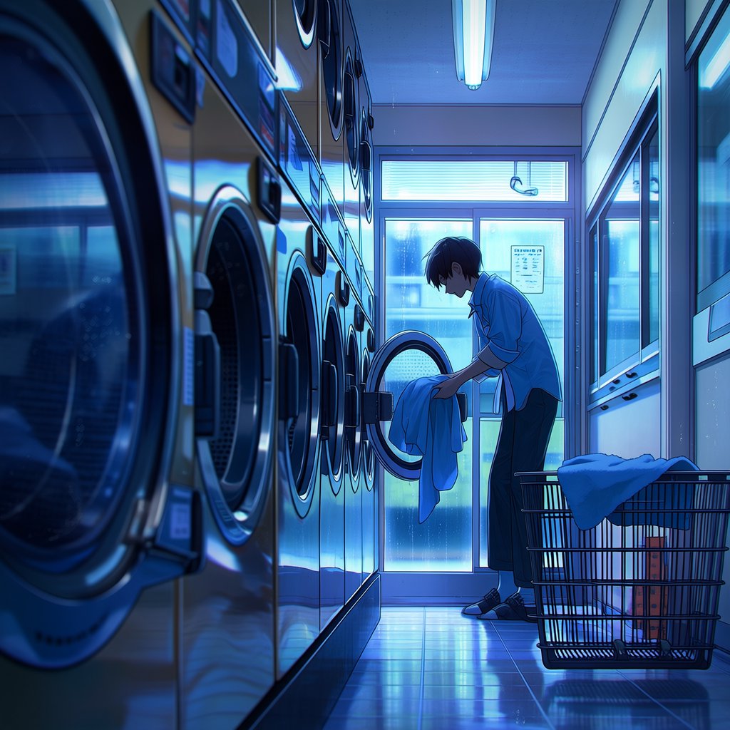 Candid documentary photograph of an adult laundromat attendant sorting warm clothes beside humming machines, cool fluorescent light, 50mm lens with moderate depth of field, loose lint clinging to a blue towel and faint condensation on the glass doors. — Midjourney Niji 7