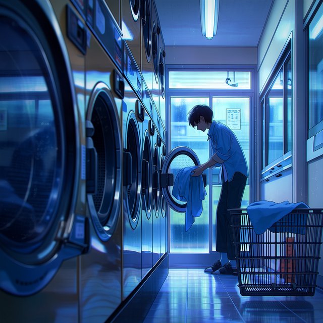 Candid documentary photograph of an adult laundromat attendant sorting warm clothes beside humming machines, cool fluorescent light, 50mm lens with moderate depth of field, loose lint clinging to a blue towel and faint condensation on the glass doors. — Midjourney Niji 7