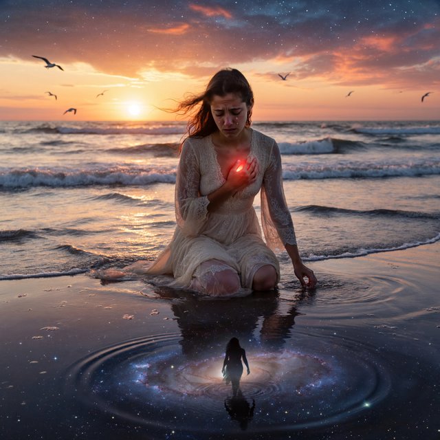 Cinematic, photorealistic artwork of a sorrowful young woman in a flowing ivory lace dress kneels in shallow surf at the waterline during sunset. Her long, windblown dark hair frames her downcast face; a tear flows down her cheek and into the water, one hand presses against her chest, glowing faintly crimson to suggest her still-beating heart, while her other fingertips touch the water. The world behind her remains beautiful: a golden sun shines over restless waves, seabirds cross the sky, and fiery peach clouds fade into star-filled indigo. In the wet sand, her reflection becomes a dark cosmic void. Stars ripple around a fading, ghostlike image of her partner deserting her and dissolving into darkness. The tear forms concentric ripples, disturbing an entire universe. Contrast warm golden life above with cool blue-black devastation below. Natural cinematic lighting, detailed water reflections, realistic anatomy, restrained grief. No text, borders, or collage. — ImagineArt 2