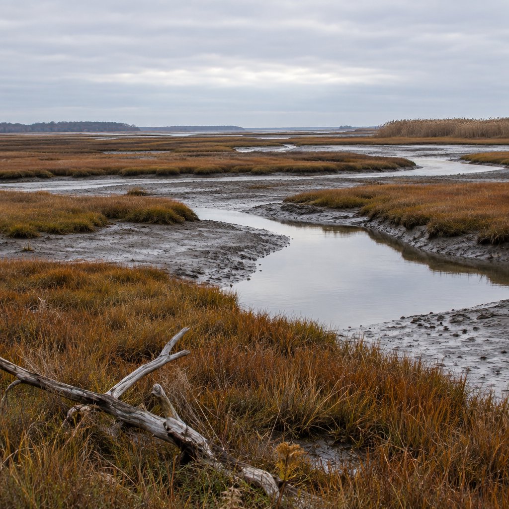 An expansive salt marsh at low tide under a pale overcast afternoon, winding channels reflecting silver sky between russet grasses, a weathered driftwood branch in the foreground, distant reeds and receding mud ridges revealing layered depth and wet natural texture. — GPT Image 2.5 Flare