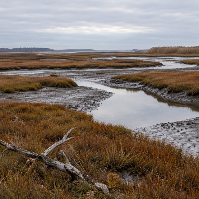 An expansive salt marsh at low tide under a pale overcast afternoon, winding channels reflecting silver sky between russet grasses, a weathered driftwood branch in the foreground, distant reeds and receding mud ridges revealing layered depth and wet natural texture. — GPT Image 2.5 Flare