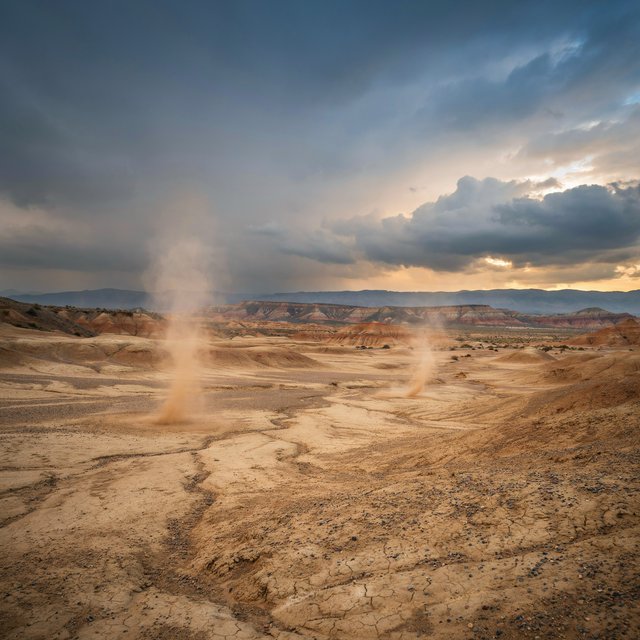 Wind-driven dust devils spiral across ochre badlands beneath a storm-clearing late-afternoon sky; pebble-studded clay ridges and tiny erosion grooves sharpen nearby, while layered mesas recede through veils of rain. — Ideogram v4.5