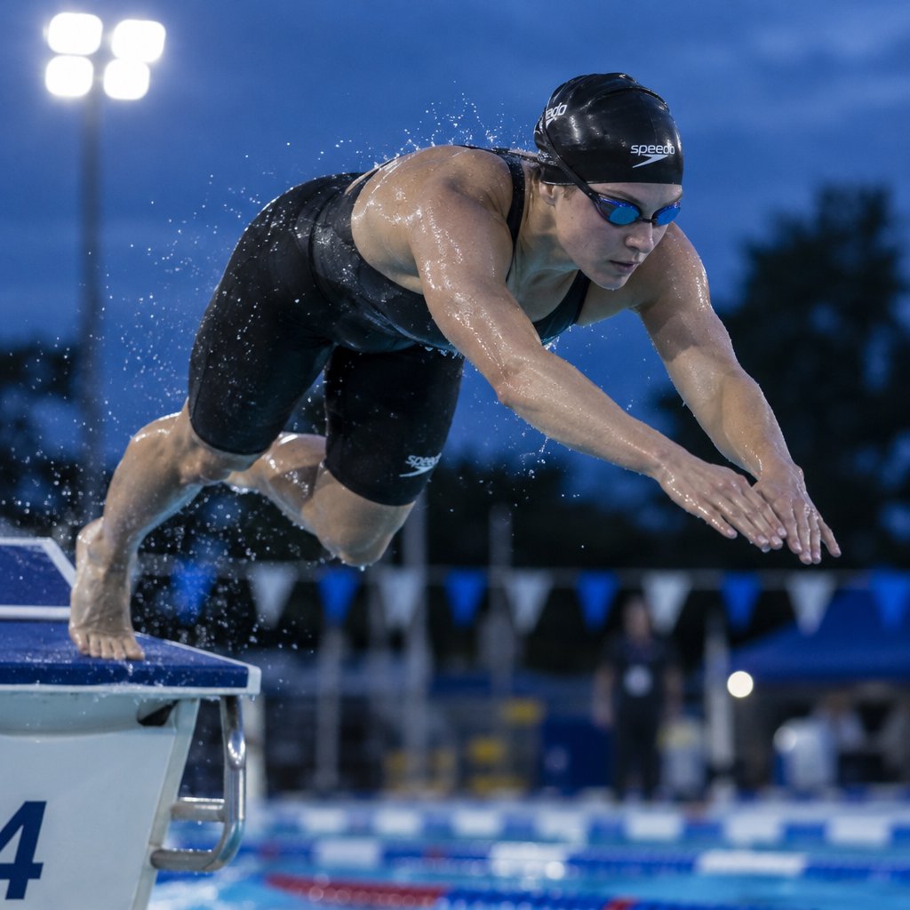 Under the blue-hour floodlights, an adult swimmer drives off the starting block into an outdoor pool. A real-world sports press photo, shot at 200mm with shallow depth of field, captures beads of water suspended around her shoulder. — GPT Image 2.5 Flare