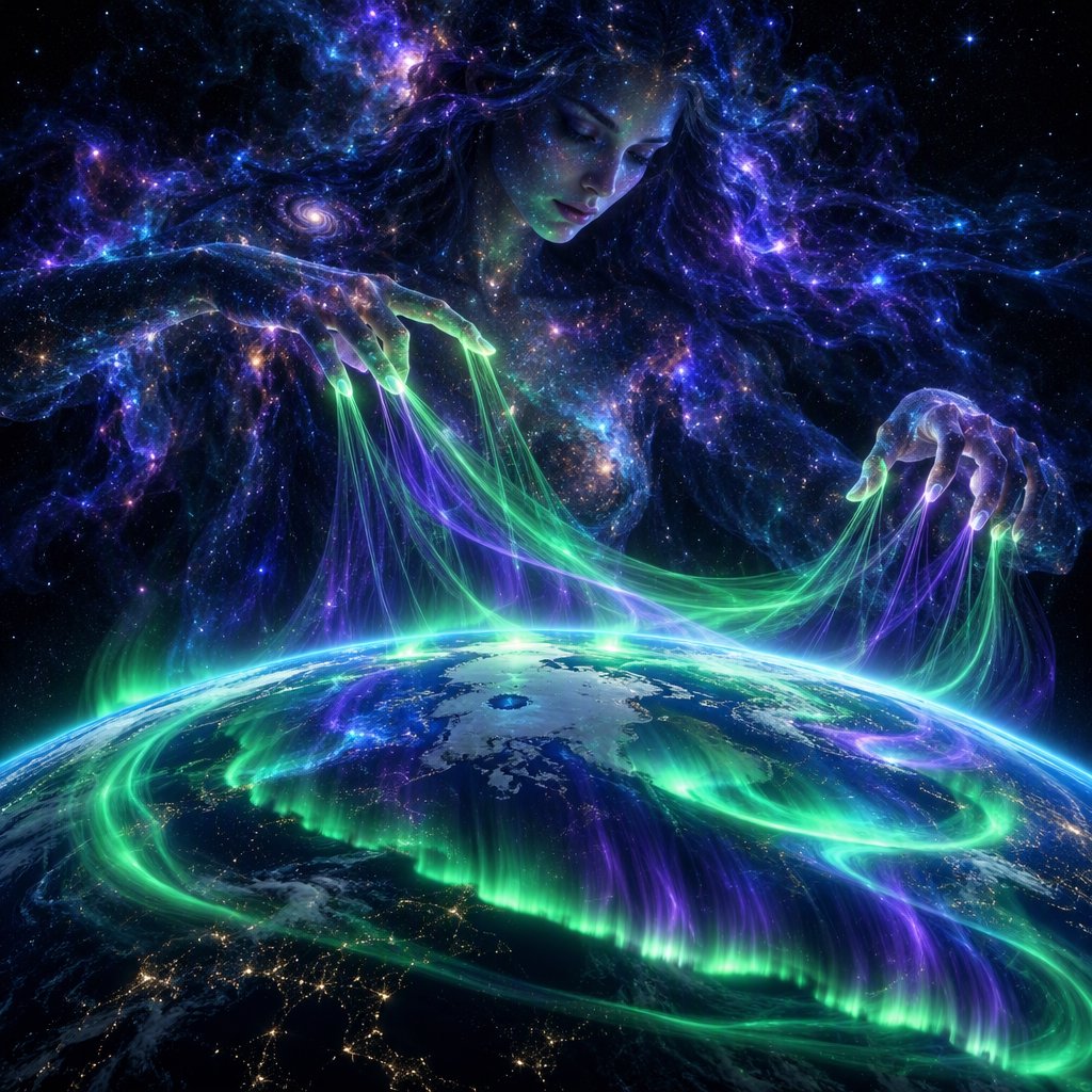 A cinematic wide-angle shot of an ethereal, gigantic adult female entity composed of stardust and nebulae. She hovers in the deep black of space, directly above the curvature of the Earth. Her fingers move like a harpist's, weaving luminous, emerald-green and violet aurora threads directly into the Earth's atmosphere. The polar lights appear like liquid silk, wrapping themselves around the planet. Realistic play of light, mystical atmosphere, bioluminescent colors, deep indigo and neon green. — GPT Image 2.5 Flare