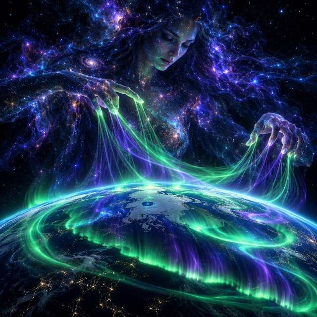 A cinematic wide-angle shot of an ethereal, gigantic adult female entity composed of stardust and nebulae. She hovers in the deep black of space, directly above the curvature of the Earth. Her fingers move like a harpist's, weaving luminous, emerald-green and violet aurora threads directly into the Earth's atmosphere. The polar lights appear like liquid silk, wrapping themselves around the planet. Realistic play of light, mystical atmosphere, bioluminescent colors, deep indigo and neon green. — GPT Image 2.5 Flare